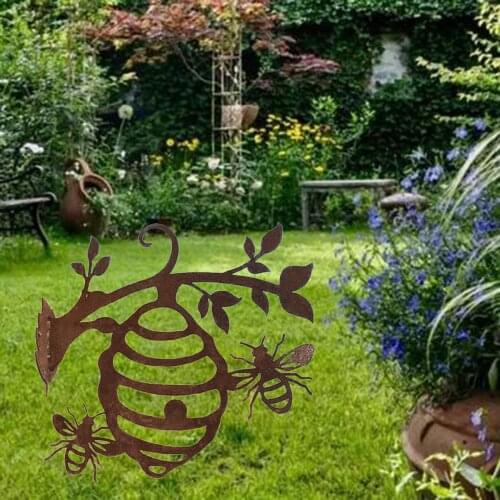 Creative Rust Iron Honeycomb Bee Hive Garden Silhouette Branch Yard Enterway Backyard Wall Farmhouse Bee Statue Decorative