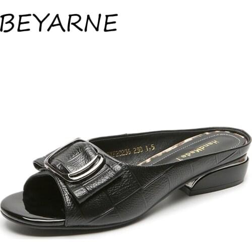 BEYARNEFashion Genuine Leather Peep Toe Slippers For Women 2021 Summer New Outside Metal Buckle Low Heel Modern Ladies Slippers