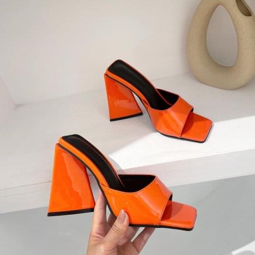 Women Designer High Heels Slides Mules Summer Open Toe Patent Leather Green Yellow Orange Heels Slippers Party Shoes Big Size 42