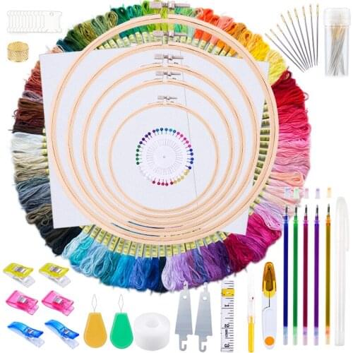 Nonvor 211 Pcs 100 Colors Embroidery Threads Starter Kit Embroidery Floss and Embroidery Hoops Cross Stitch Sewing Pins Tools
