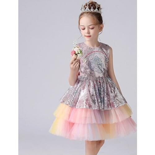 New wedding dress for girls Childrens Day 2021 Summer Color girls sequined net Evening Layered Dress