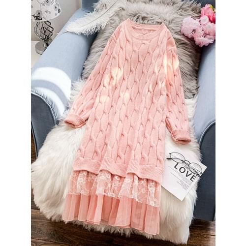 Large Size Clothes Women Autumn And Winter Lace Stitching Sweater Dress Knitted Long Pullover Shirt Vestidos Female Robes Y832