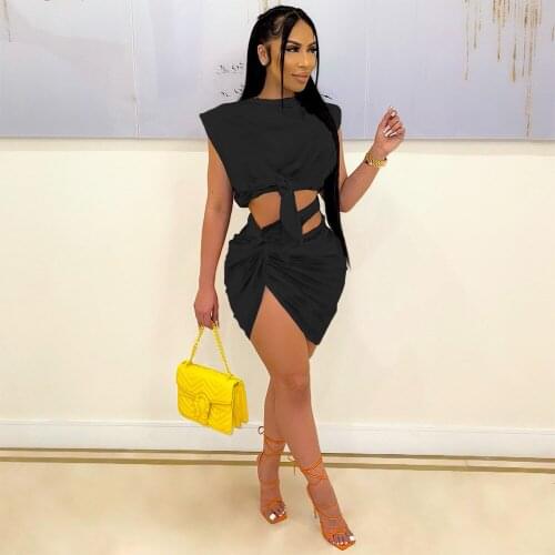 Sexy Sleeveless Lace Up Crop Top + Ruched Irregular Mini Skirts Slim Two Piece Set Outfits Clubwear Party Bandage Matching Set