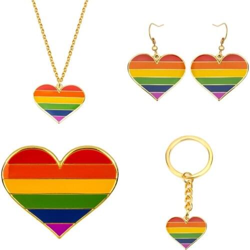 Heart Shape Rainbow LGBT Earrings Gay Pride Necklace Rainbow Key Ring Badge Set Earrings Jewelry For Women Men Lovers Gift