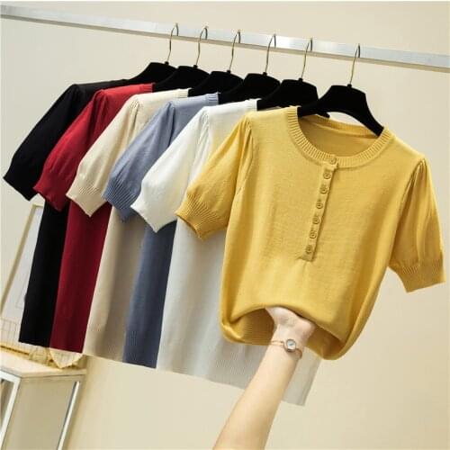 Shintimes New Button Thin T Shirt Women 2021 Short Sleeve Tshirt Woman Clothes Knitted Basic Fashion Summer Tops Tee Shirt Femme