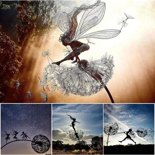 2D Garden Fairy Decoration Stake Fairy Playing on/with the Dandelion Metal Art Elf Silhouette Ornament for Outdoor GQ