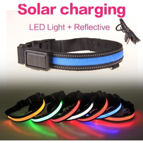 LED Dog Collar Light USB Rechargeable Solar Charging Nylon Pet Dog Collar Luminous Led Light Night Safety Glowing Dog Collar USB