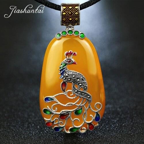 JIASHUNTAI Vintage Agate Chalcedony Gemstone Pendant Retro 925 Silver Pendant Cord Peacock Figure Pendant Large Necklace Women