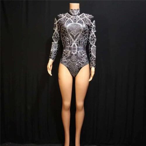 X58 Black female bodysuit printing jumpsuit rhinestone outfits singer wears clothe pole dance dress bar party show clothing club