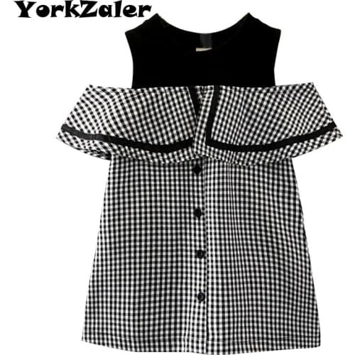 YorkZaler Girls Dress Shoulder Off Black Plaid Kids Dresses For Girls Summer Casual Clothing Cute Fashion Baby Children Clothes
