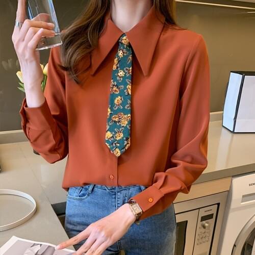 Women Blouse Long Sleeve Top Turn-down Collar Tie Chiffon Shirt Womens Tops and Blouses 2021 Spring