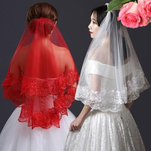 2019 Women 150cm Bridal Short Wedding Veil White One Layer Lace Flower Edge Appliques White Ivory Red No Comb