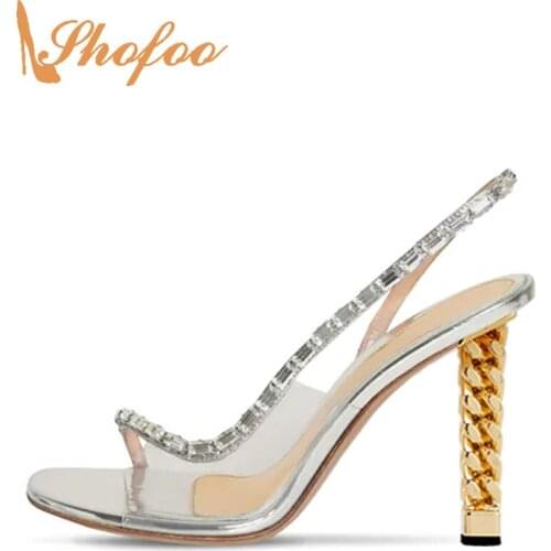 Silver Crystal Gold Chain High Heels Women Sandals Slip On Large Size 15 16 Ladies Summer Fashion Wedding Party New Shoes Shofoo