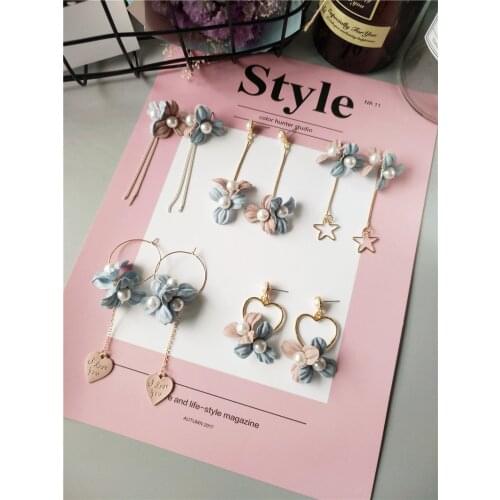 Vintage Fabric Three-dimensional Flowers Earrings For Women Statement Sweet Elegant Pearl Flower Tassel Heart Long Drop Ears
