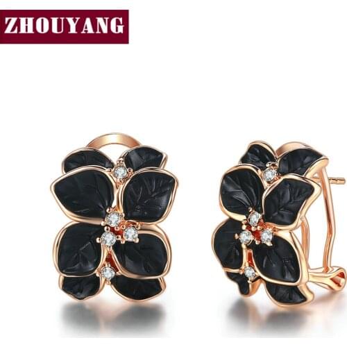 ZHOUYANG Stud Earrings For Women White Oil Flower Leaf Multicolor Cubic Zirconia Rose Gold Color Fashion Jewelry E680 E681