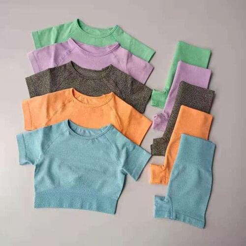 Women 2Pcs Seamless Yoga Set Gym Fitness Training Clothes Elastic Tight Short-sleeved T-shirt + Shorts Set Short Sports Suit