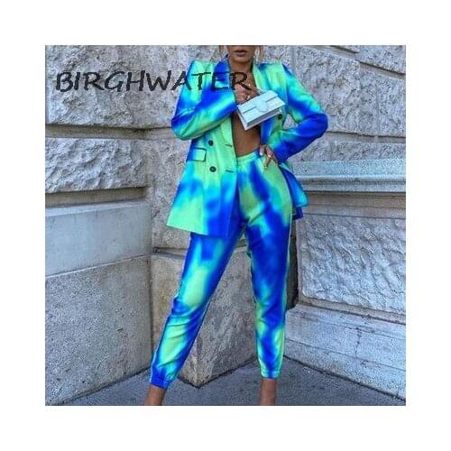 Womans Suit Fashion Printed Tie-Dye Two-Piece Set Womens V-Neck Long-Sleeved Jacket Casual Contrast Color Feminine Party Sets