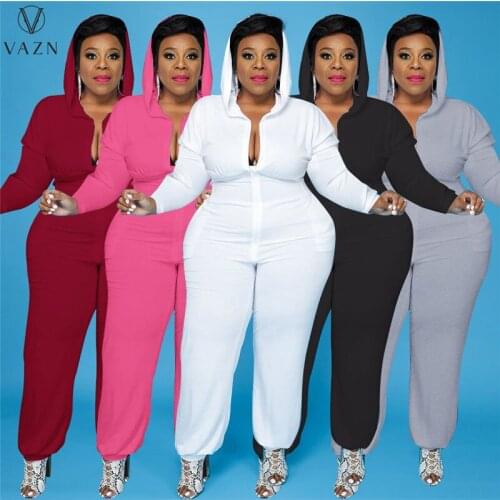 VAZN 2021 Autumn Plus Size High-end Overalls Casual Solid Hooded Full Sleeve Women Skinny High Waist Pencil Jumpsuits