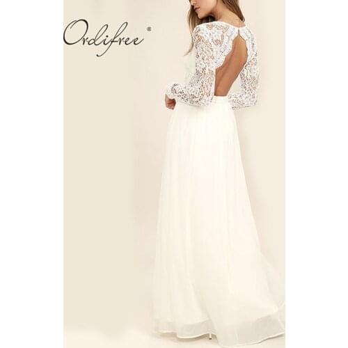 Ordifree 2021 Summer Women Long Dress White Lace Long Sleeve Elegant Vintage Sexy Backless Evening Maxi Dress