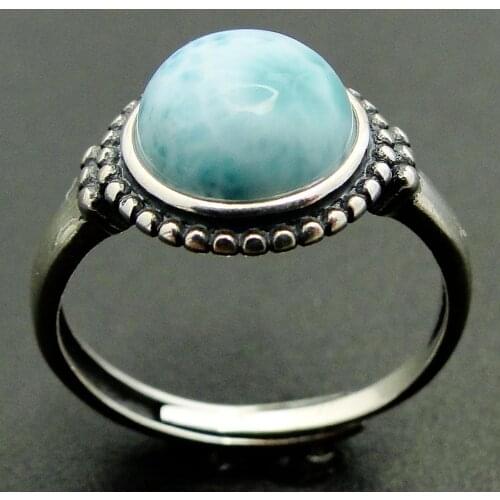 Vintage Design Natural Larimar Ring 100% 925 Sterling Silver Jewelry Round Larimar Stone Wedding Ring Women Adjustable Ring Size