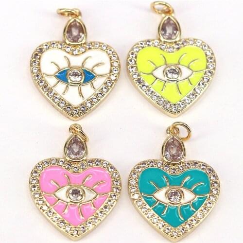 10Pcs,Heart Eye Dainty Pendant, Gold Color Metal Plated Pendant, Enamelled Crystal Zirconia Heart Pendant Fashion Jewelry