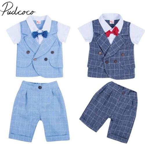 2018 Brand New Gentle Formal Summer Toddler Baby Boy Clothes Sets 2PCS Short Sleeve Bow Neck Plaid T-Shirts Tops+Shirts Fit 0-4Y