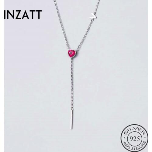 INZATT Real 925 Sterling Silver Red Zircon Heart Pendant Choker Necklace For Fashion Women Minimalist Fine Jewelry Cute Gift