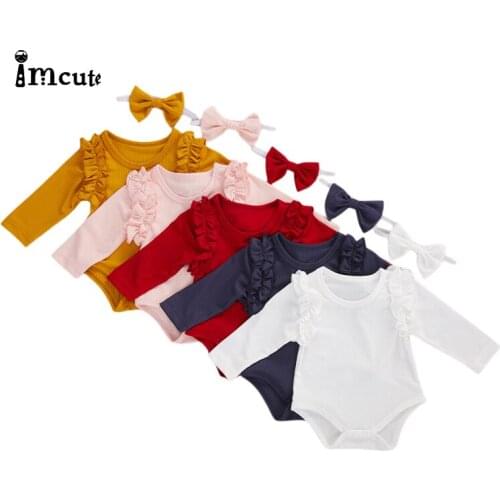 Imcute 5 Colors New Autumn Baby Romper with Headband Solid Color Round Neck Long Sleeve Jumpsuit and Headwear for Girls Boys