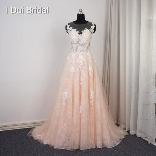 Illusion Back Lace Blush Wedding Dress A line Sheer Neckline New Style