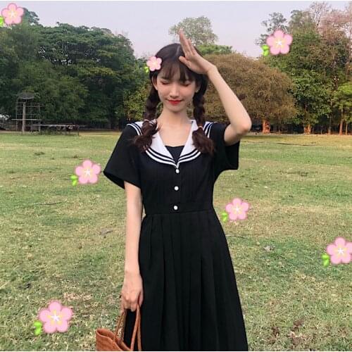Japanese Mori Girl Summer Dress Sweet Sailor Collar Cute Short Sleeve Dress Harajuku Vintage Diablo Kawaii Ball Pleated Dress