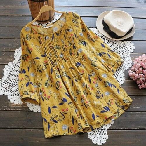 Plus Size Summer Women 2020 Blouse Loose Floral Print Shirt Linen Cotton Top Sleeve Fashion Casual Half Sleeve Women