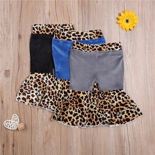 Patchwork Leopard Flare Pants Newborn Print Baby Girl Clothes Trousers Toddler Casual Style Flared Pants (Black, Grey, Blue)
