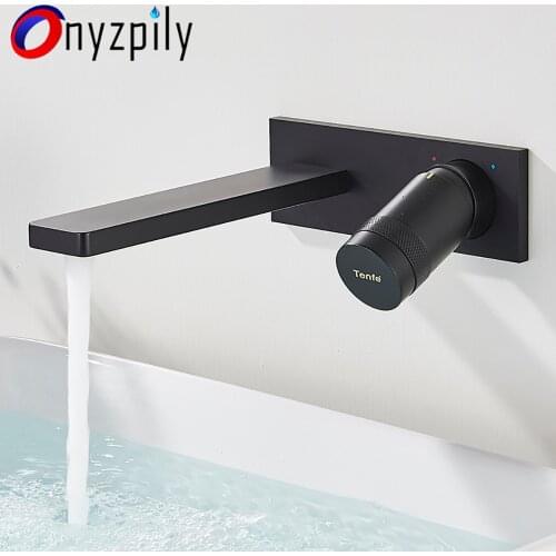 Matte Black Washroom Basin Faucet One-Piece Knob Hot & Cold Water Mixer Faucets Golden Wall Mounted Taps Rotating Handle Crane