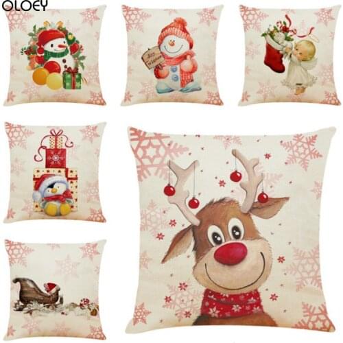 Cute Cartoon Linen Christmas Santa Claus Elk Throw Pillow Case Cover 45x45cm Merry Christmas Decorative Pillowcases Decoration