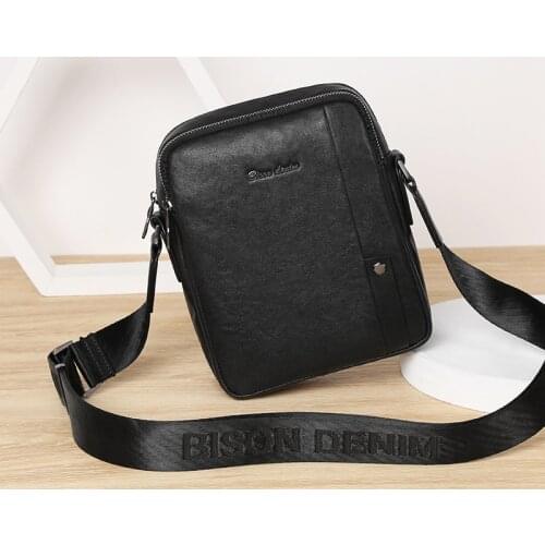 Bison Denim Mens Handbags Genuine Leather Crossbody Bag Casual Business Messenger Bag Flap Black Men Zipper Vertical Shoulder