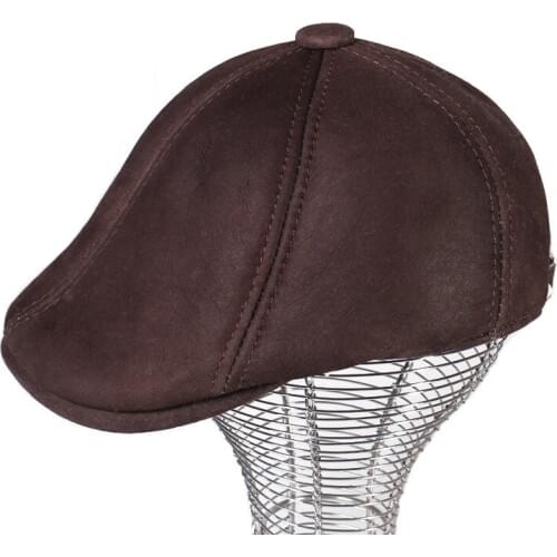 Mens beret caps hats genuine leather brand new real leather cap hat one fur with sheep real fur inside