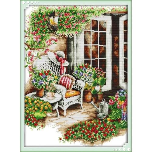 Flower window Cross Stitch Kits Spring canvas patterns Printed Handmade House Embroidery Needlework Cross-stitch set 14CT 11CT