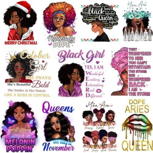 Beautiful African Lady Iron On Patches For Clothes Women T-shirt Hoodies DIY Heat Transfer Vinly Glitter Sticker Decoration