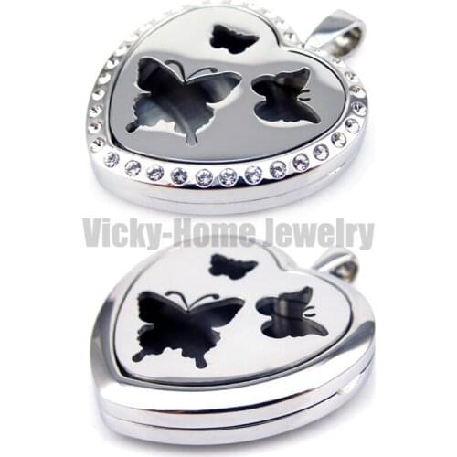 Stainless Steel Peach Heart Butterfly Aromatherapy Essential Oils Diffuser Perfume Locket Necklace