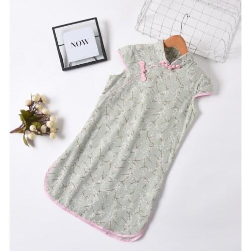 Chinese Style Kids Floral Fashion Cheongsam Baby Girl Button Cute Princess Dresses Girls Plaid Casual Mini Dress Girls Clothes