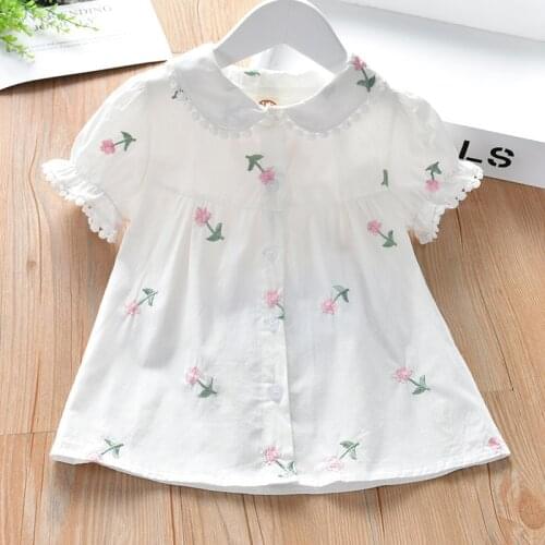 Girls Foreign Style Shirt Summer New Embroidery Shirt Short-sleeved Shirt Baby Comfortable White Shirt Kids Clothing