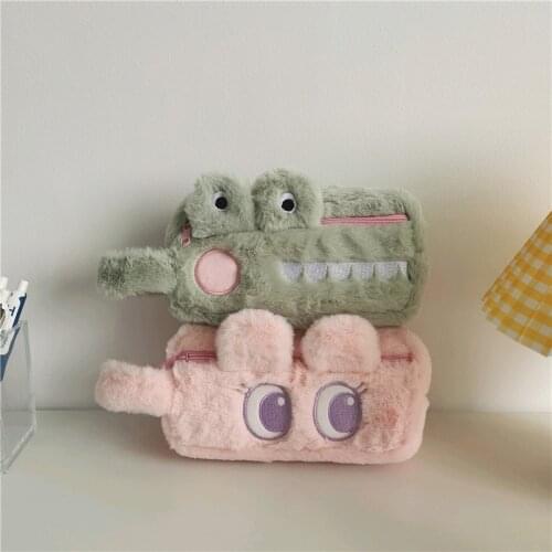 SIXONE Ins Plush Rabbit Crocodile Big Eye Pencil Case Girl Cute Cosmetic Bag Large Space Pen Bag Handbag Korea School Stationery