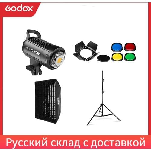 Godox LED Video Light SL-60W 5600K White Version Video Light Continuous Light Kit + 190cm Light Stand + 60x90cm Bowens Softbox