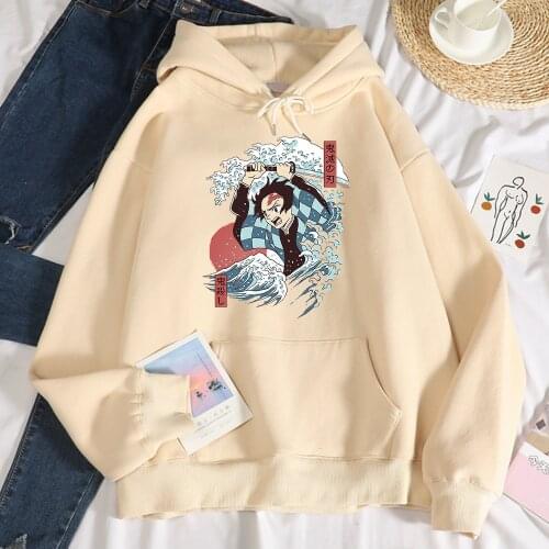 Japanese Anime Demons Slayer Ukiyo E Print Sweatshirt Women Fashion Soft Hooded Autumn Loose Hoodies Casual Fleece Men Tracksuit