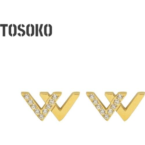 TOSOKO Stainless Steel Jewelry Letter W Zircon Earrings Womens Simple Fashion Earrings BSF493