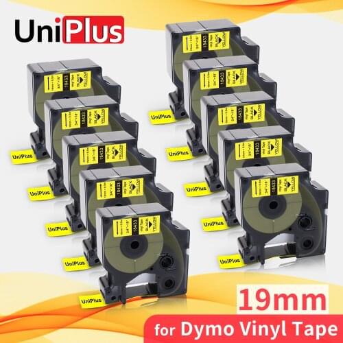 UniPlus 10PK IND Vinyl Label Cassette Compatible Dyno Rhino 18433 19mm Label Tape Black on Yellow for Rhino 4200 5200 6000 5000