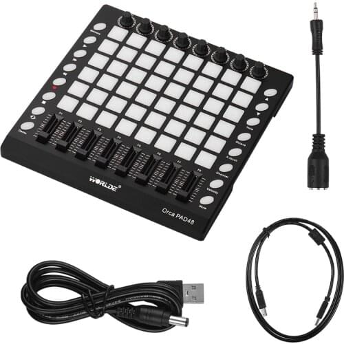 WORLDE PAD48 Portable Professional USB MIDI Drum Pad Controller 48 RGB Backlit Pads 8 Knobs 16 Buttons 8 Sliders with USB Cable