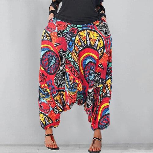 Women Elastic Waist Drop-Crotch Pants with Pocket Fashion Vintage Pattern Oversize Loose Harme Pants