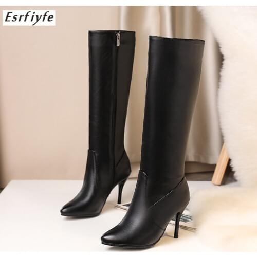 ESRFIYFE 2020 New Large Size 34-48 Women Knee High Boots Women Black Pu Leather Autumn Winter Long Boots High Heel Shoes Woman
