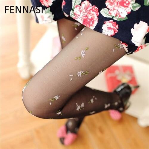 FENNASI Women Jacquard Sexy Tights Sweet Transparent Pantyhose Girl Japanese Fashion Retro Flowers Print White Stockings